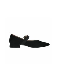 Schwarze Wildlederballerinas mit spitz zulaufender Fußspitze und einem niedrigen Blockabsatz, ausgestattet mit einem dekorativen schwarzen Riemen über dem Spann. Glatte Textur.
