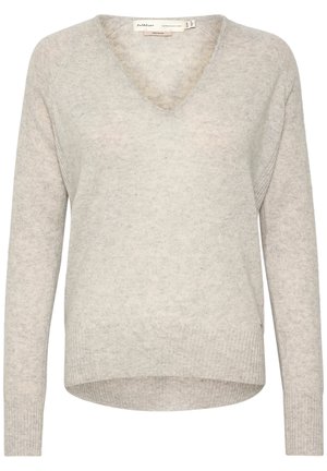 Svetlo šedý sveter s výstrihom do v a jemný pletený materiál. Má dlhé rukávy a rebrovaný lem pre pohodlný strih. Jemné detaily textúry.