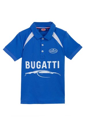 Polo bleu à manches courtes avec accents blancs aux épaules, boutons et logo Bugatti avec silhouette de voiture à l'avant.