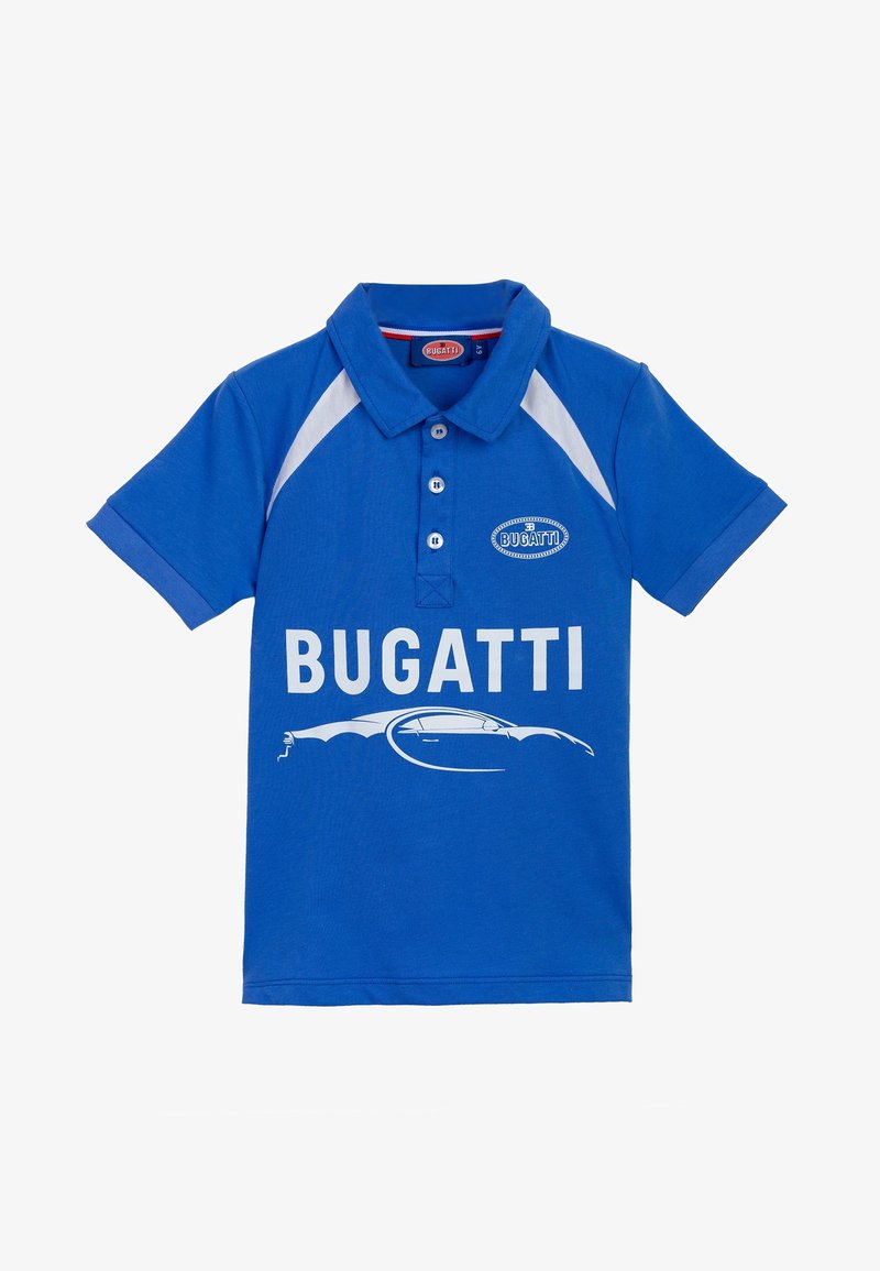 Polo bleu à manches courtes avec accents blancs aux épaules, boutons et logo Bugatti avec silhouette de voiture à l'avant.