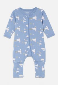 Μπλε βαμβακερό φορμάκι με μακριά μανίκια, διακοσμημένο με στάμπα κύκνου και λουλουδάτες λεπτομέρειες. Κλείσιμο με φερμουάρ και σχέδιο με κάλυμμα ποδιών και μανίκια με μανσέτες.