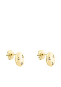 Orecchini a stud in oro con forma ovale, caratterizzati da tre accenti a stella e piccole pietre trasparenti. Texture liscia e finitura lucida.