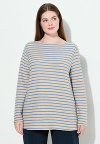 Gestreiftes Langarmoberteil in Beige mit blauen Streifen, mit weitem Ausschnitt und lockerer Passform, hergestellt aus einem weichen, strukturierten Stoff.