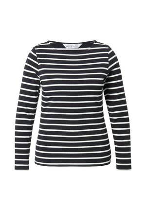 Maglia a maniche lunghe realizzata in tessuto morbido con righe orizzontali bianche e nere, colletto rotondo e silhouette aderente.