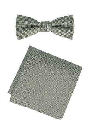 Graue, strukturierte Fliege mit passendem Einstecktuch, beide mit einem gewebten Muster und einer festen, strukturierten Form.