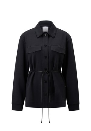 Black jacket made of soft fabric, featuring a button front, two chest pockets, and a drawstring waist for adjustable fit.
