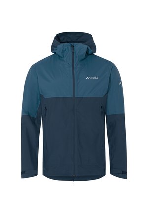 Marineblau und türkis wasserfeste Jacke mit vollem Reißverschluss, verstellbarer Kapuze und elastischen Bündchen. Verfügt über eine Reißverschlusstasche auf der linken Seite.