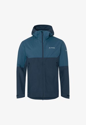 Marineblau und türkis wasserfeste Jacke mit vollem Reißverschluss, verstellbarer Kapuze und elastischen Bündchen. Verfügt über eine Reißverschlusstasche auf der linken Seite.