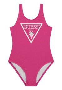 Costume da bagno intero rosa con un design a logo triangolare che presenta "GUESS BEACH" e una palma. Realizzato in materiale liscio e elasticizzato.