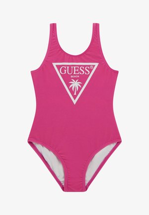 Costume da bagno intero rosa con un design a logo triangolare che presenta "GUESS BEACH" e una palma. Realizzato in materiale liscio e elasticizzato.