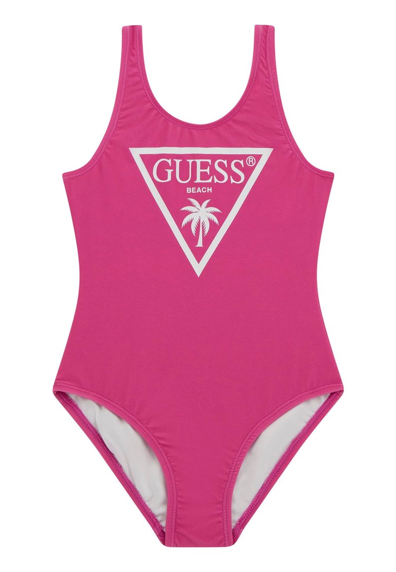 Costume da bagno intero rosa con un design a logo triangolare che presenta "GUESS BEACH" e una palma. Realizzato in materiale liscio e elasticizzato.