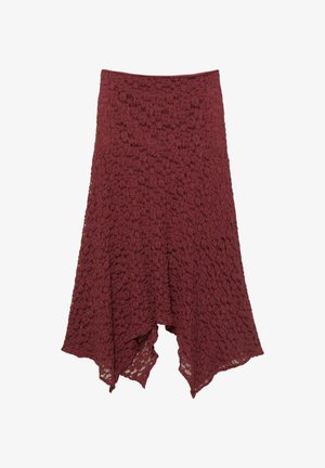 Bordeaux-lakens rok met een uitlopende silhouet, voorzien van een textuurpatroon en een asymmetrische zoom voor een vloeiende uitstraling.