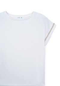 T-shirt bianco a maniche corte realizzato in morbido cotone, con scollo rotondo e un sottile accento dorato lungo la cucitura della manica.