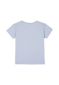 Hellblaues kurzärmliges T-Shirt aus Baumwolle, mit Rundhalsausschnitt und unifarbenem Design. Glatte Textur ohne Grafiken oder Muster.