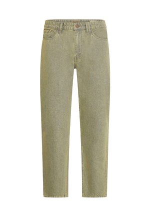 Jean en denim vert clair avec taille haute, coupe droite, poches avant et légère décoloration. Comprend une fermeture à boutons métalliques et des coutures surpiquées.