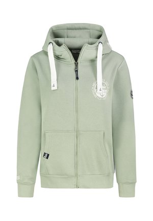 Light green zip-up hoodie with white drawstrings, front pockets, and round white logo text on chest and sleeve patch.