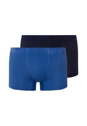 Deux paires de boxers pour hommes : une en bleu marine foncé uni et l'autre en bleu vif. Confectionnés en tissu extensible avec un design sans coutures.