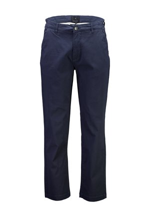 Pantaloni in cotone blu navy con taglio dritto, dotati di chiusura frontale con bottoni, passanti per cintura e tasche laterali. Tessuto dalla texture liscia.