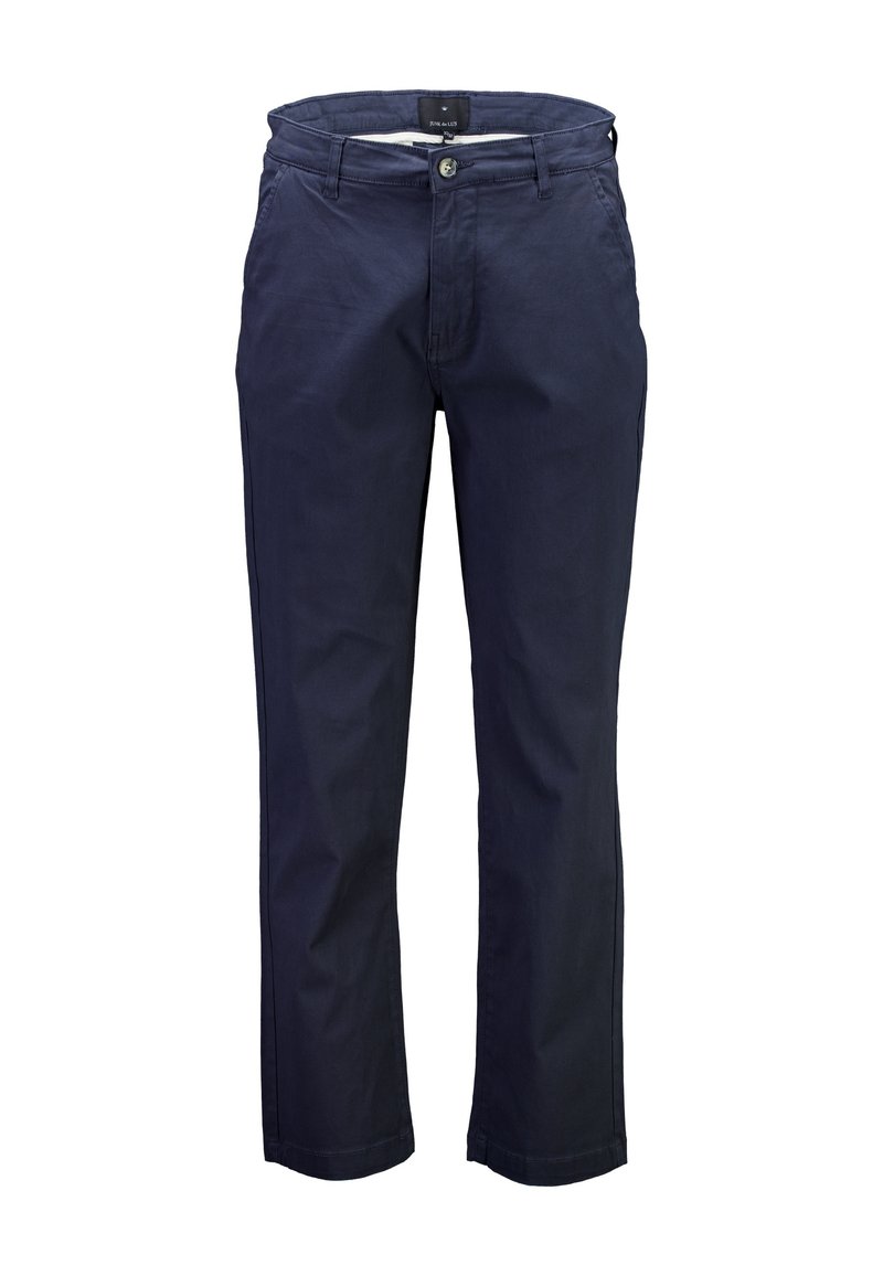 Granatowe bawełniane spodnie o prostym kroju nogawki, z przodu zapinane na guziki, wyposażone w szlufki na pasek oraz boczne kieszenie. Gładka faktura.