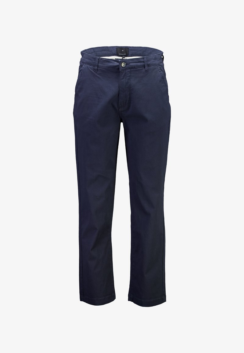 Granatowe bawełniane spodnie o prostym kroju nogawki, z przodu zapinane na guziki, wyposażone w szlufki na pasek oraz boczne kieszenie. Gładka faktura.