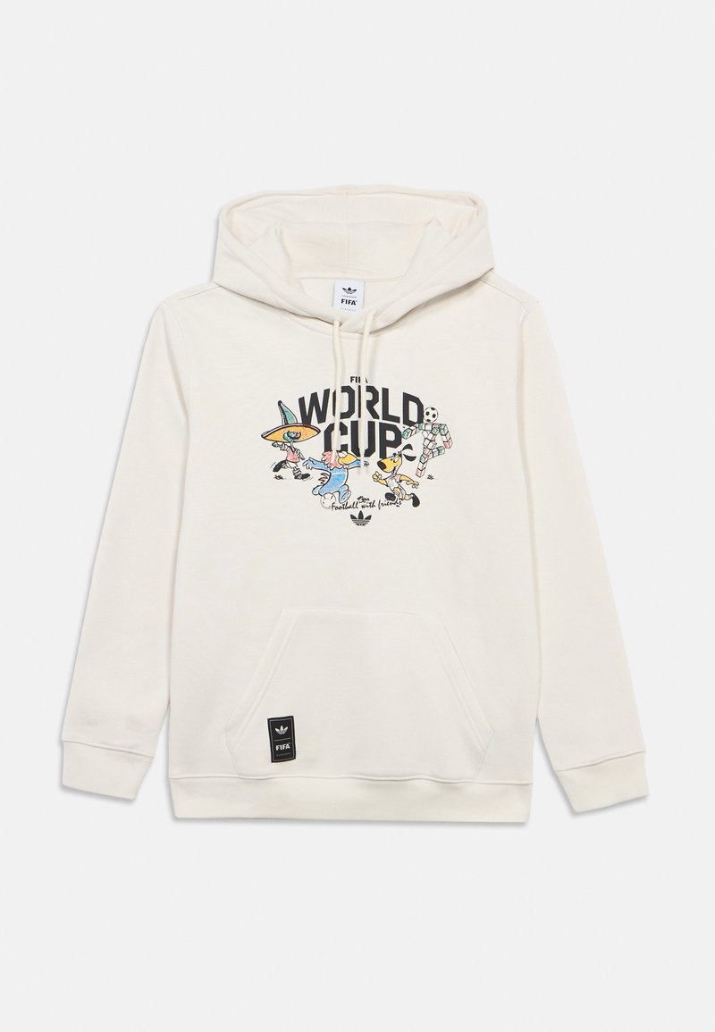 Hoodie crème avec une poche avant, présentant un design graphique coloré de la Coupe du Monde de la FIFA. Comprend une étiquette logo noire en bas.