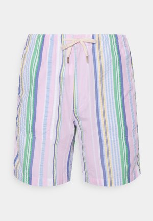 Shorts décontractés pour hommes avec des rayures verticales dans des tons pastel rose, vert, bleu et jaune, dotés d'une ceinture élastique et d'un cordon de serrage à l'avant.