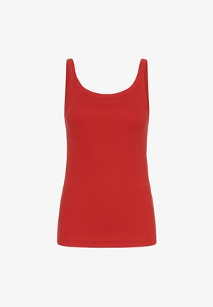 Top rojo sin mangas con escote redondo, diseño sin mangas y una textura de algodón suave. Color sólido, sin patrones ni acentos.