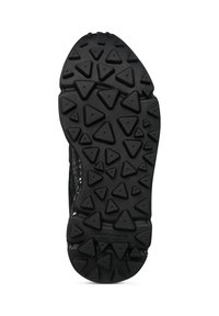 Suola in gomma nera con motivi a tre punti per una maggiore aderenza, dotata di una superficie testurizzata progettata per garantire trazione su vari terreni.