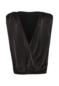 Schwarzes Satin-Top mit tiefem V-Ausschnitt, drapiertem Oberteil und gerafftem Saum. Glatte Textur mit elegantem Glanz, kurze Ärmel.