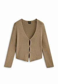 Beige knitted cardigan with a deep V-neck, long sleeves, and a cropped hem, featuring a single front button closure and ribbed texture.