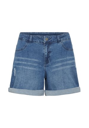 Shorts en denim bleu moyen avec une finition légèrement délavée. Comprend des poches avant, des ourlets roulés et une fermeture à bouton métallique unique.