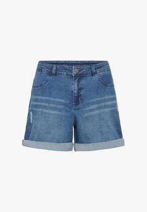 Pantaloni scurți din denim albastru, cu tivuri rulotate, închidere cu nasturi și fermoar în față, și detalii subtile decolorate pe coapsele din față.