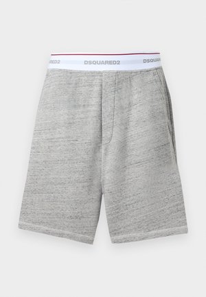 Szürke melírozott anyagból készült rövidnadrág oldalzsebekkel és fehér, "DSQUARED2" felirattal díszített elasztikus derékpánttal, szürke és piros szegéllyel.