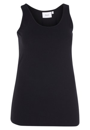 Black tank top made of a smooth, stretchy fabric. Features wide shoulder straps and a rounded neckline. Simple and versatile design.