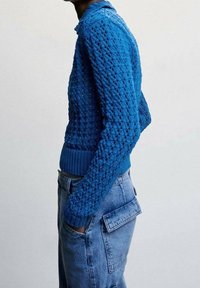 Blauer Strickpullover mit strukturiertem Muster, rundem Kragen und gerippten Bündchen. Kombiniert mit hoch taillierter Denim-Cargohose mit Taschen.