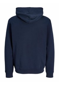Navy blue hooded sweatshirt, made of soft fabric, featuring a relaxed fit, ribbed cuffs, and a simple design without any additional accents.