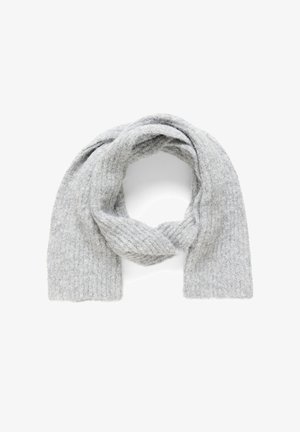 Grau gestrickter Schal aus weicher Wolle, mit einem gerippten Muster und einem langen, breiten Design, in einer Schlaufe gefaltet.