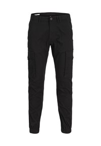 Black cargo pants made from a durable fabric, featuring multiple side pockets, a fitted cuff at the ankle, and a classic button closure.