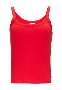 Rode geribbelde tanktop met dunne bandjes, met een aansluitend ontwerp en een zachte textuur. Eenvoudige stijl met een rechte zoom en minimale labeldetails.