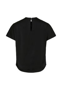 Top nero a maniche corte con scollatura rotonda e una piccola apertura a forma di chiave sul retro. Tessuto liscio con vestibilità morbida e spacchi laterali.
