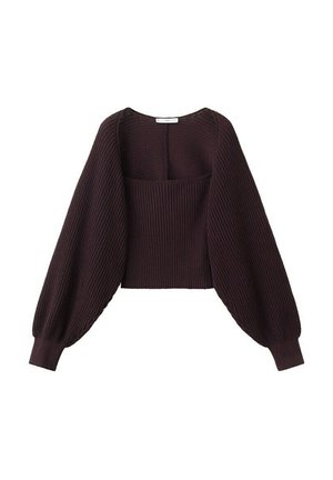 Jersey de punto marrón oscuro con mangas globo anchas y largas y cuerpo ajustado de canalé, con un escote cuadrado amplio.