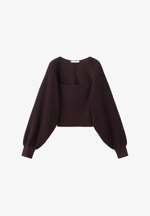 Donkerbruin gebreide trui met brede, lange ballonmouwen en een aangesloten geribbelde taille, met een brede vierkante halslijn.