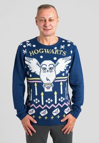 Maglione blu lavorato a maglia con un design di un gufo bianco, "HOGWARTS" in giallo e motivi decorativi che includono candele e fiocchi di neve.