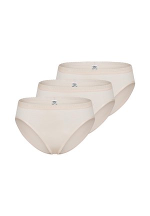Three beige women's briefs with lace-trimmed waistbands arranged in a staggered stack on a white background.