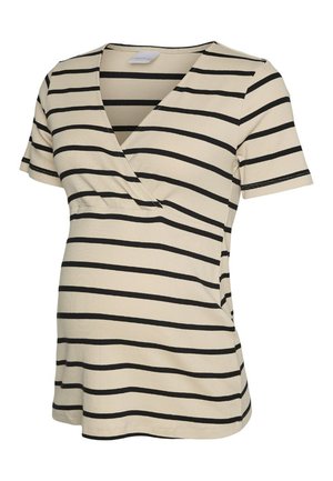 Beež rasedust topp mustade horisontaalsete triipudega, lühikeste varrukatega ja V-kaelusega risti disainiga.