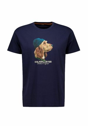T-shirt bleu marine avec un chien portant un bonnet bleu et le texte "Steal hearts and food Deluxe Original" sur le devant.
