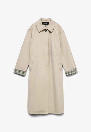 Beige coat with a wide collar, two side pockets, and checkered black-and-white accents on the cuffs. Smooth, lightweight fabric.