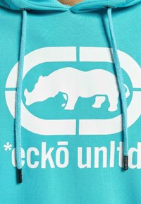 Turkise hettegenser med en grafikk av en hvit neshorn, stort logo, justerbare snorer, og ribbestrikkede detaljer ved kanten og mansjettene.