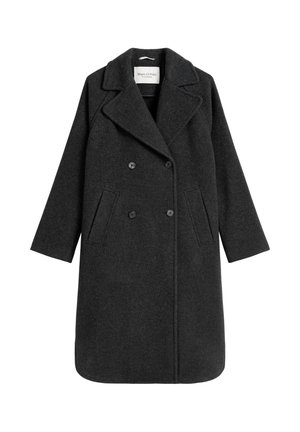 Ciemnoszary wełniany płaszcz z dwurzędowym zapięciem, szpiczastymi klapami, dwoma bocznymi kieszeniami oraz długimi rękawami. Gładka tekstura i dopasowany krój.