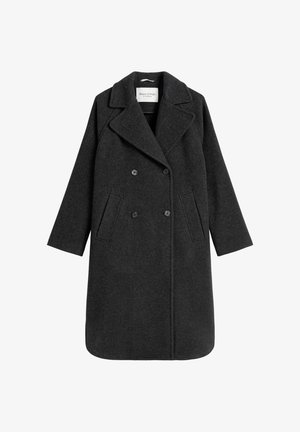Dunkelgrauer Wollmantel mit doppelreihiger Vorderseite, steil zulaufenden Revers, zwei Seitentaschen und langen Ärmeln. Glatte Textur und maßgeschneiderter Schnitt.